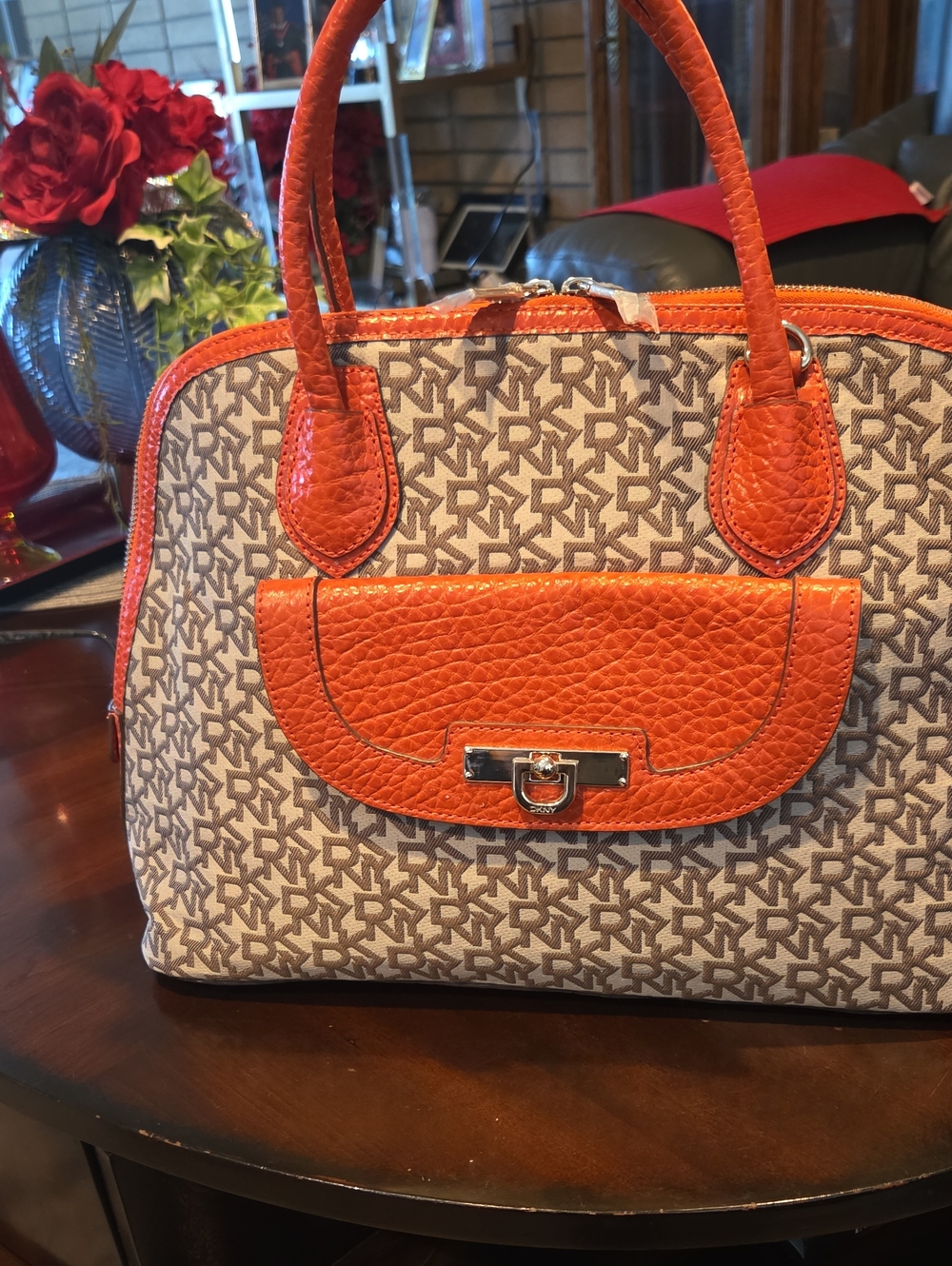 DKNY Beige Monogram Satchel with Orange Trim